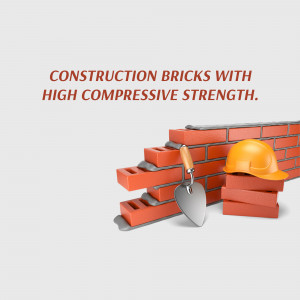 Red bricks stacked with a yellow hard hat and trowel