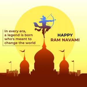 Ram Navami greeting with Lord Rama and temple silhouette