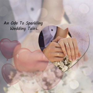 Close-up of hands with wedding rings inside a heart-shaped mirror with balloons