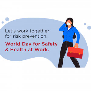 Illustration of a businesswoman wearing a mask and carrying a briefcase with text promoting World Day for Safety & Health at Work.