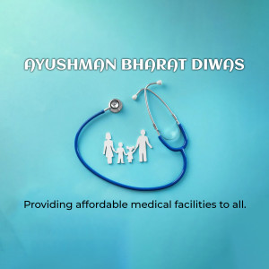 Ayushman Bharat Diwas poster with stethoscope and family silhouettes