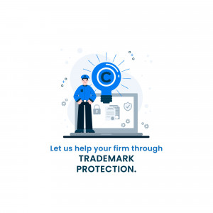 Illustration of a security guard standing in front of a laptop with a copyright symbol lightbulb, representing trademark protection.