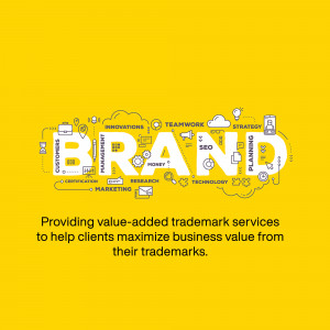 Illustration of the word 'BRAND' with related business icons and text 'Providing value-added trademark services'.
