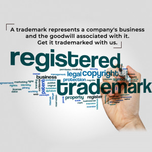 Hand writing 'registered trademark' over a word cloud related to intellectual property.