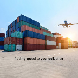 Shipping containers with an airplane in the background