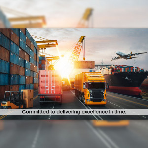 Image depicting a busy port with cargo ships, cranes, trucks, and a plane, representing a global logistics network.