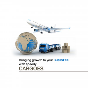 Image depicting a plane, truck, globe, and cargo boxes representing international shipping and logistics.