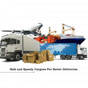Illustration of various modes of transport including truck, ship, and airplane representing global logistics.