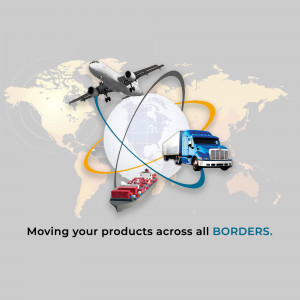 Image depicting global transportation network with plane, truck, and ship.