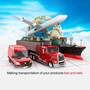 Illustration of various transportation methods including airplane, trucks, and ships with a globe in the background.