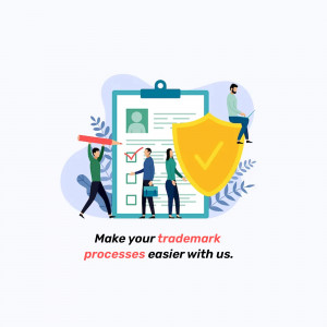 Illustration of people protecting a trademark application with a shield and checklist.
