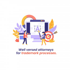 Illustration of people working on trademark processes with a magnet, target, and laptop.