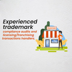 Illustration of a person standing in front of a franchise building with text about trademark compliance.