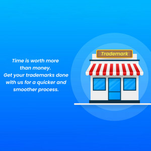 Illustration of a store with a trademark symbol, promoting trademark services.