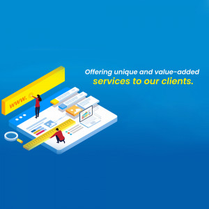 Isometric illustration of people working on a website design with text 'Offering unique and value-added services to our clients'.