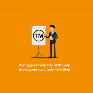 Illustration of a man presenting a trademark symbol on a whiteboard.