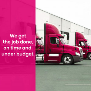 Red semi-trucks parked in front of a warehouse with text overlay