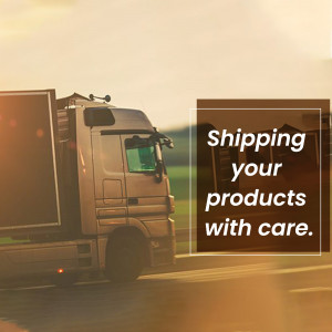 Truck transporting products with text overlay 'Shipping your products with care'