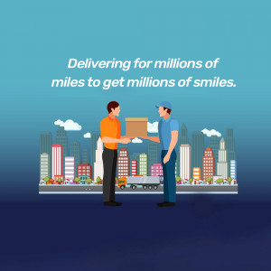 Illustration of a delivery person handing a package to a customer in front of a city skyline.