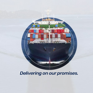 A cargo ship centered in a circular frame with the text 'Delivering on our promises.'