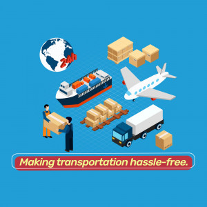 Isometric illustration of various transportation methods including ship, plane, truck, and delivery personnel.
