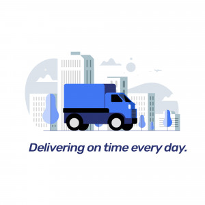 Blue delivery truck in front of a city skyline