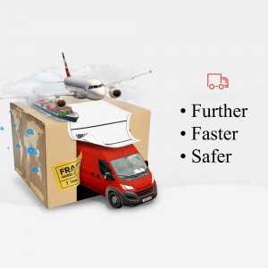 Illustration of various transportation methods - plane, ship, and truck - emerging from a cardboard box.
