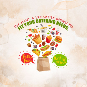 Assortment of fast food items bursting from a paper bag, advertising catering services.