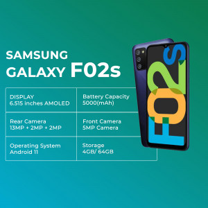 Samsung Galaxy F02s smartphone with key specifications displayed