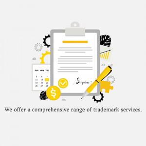 Illustration depicting trademark services with a clipboard, pen, gears, and calendar.
