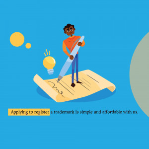 Illustration of a man writing on a scroll with lightbulbs representing ideas, promoting trademark registration.