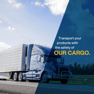 Blue semi-truck transporting products with text overlay 'Transport your products with OUR CARGO'