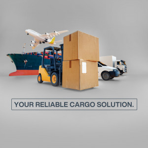 Forklift lifting cargo boxes with ship, plane, truck and car in the background