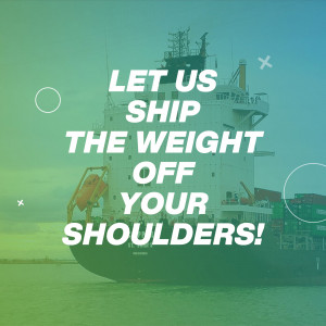 Cargo ship with text overlay promoting shipping services
