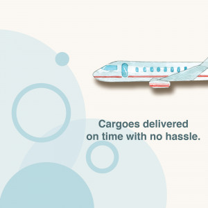 Airplane delivering cargo with text 'Cargos delivered on time with no hassle'