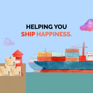 Illustration of a cargo ship, packages, and a mailbox with the text 'Helping You Ship Happiness'.