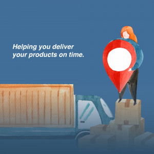 Watercolor illustration of a woman with a delivery pin and truck