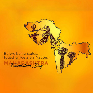 Maharashtra Foundation Day graphic with map and cultural figures