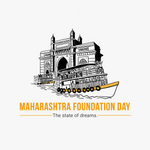 Illustration of the Gateway of India with a boat and text 'Maharashtra Foundation Day'