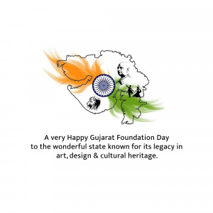 Image depicting Gujarat state map with the Indian flag colors and Mahatma Gandhi's portrait, celebrating Gujarat Foundation Day.