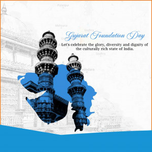 Gujarat Foundation Day image featuring the Statue of Unity and a map of Gujarat