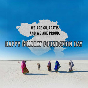 Gujarat Foundation Day celebration with a map of Gujarat and people in traditional attire.