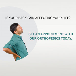 Man holding his back in pain with text promoting orthopedic appointments.