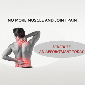 Man holding his neck and lower back in pain, advertising pain relief services.