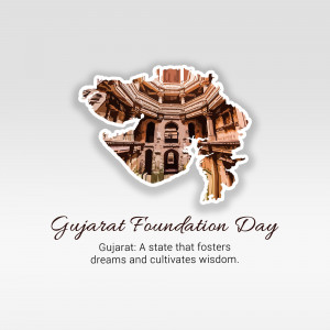 Gujarat Foundation Day graphic with state outline and architectural details