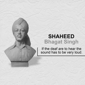 Black and white bust sculpture of Shaheed Bhagat Singh with a quote.