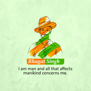 Illustration of Bhagat Singh with the Indian flag and a motivational quote.