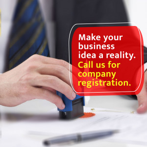Hands stamping a document with a call to action for company registration.