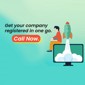 Illustration of a man on a rocket launching from a laptop, promoting company registration services.