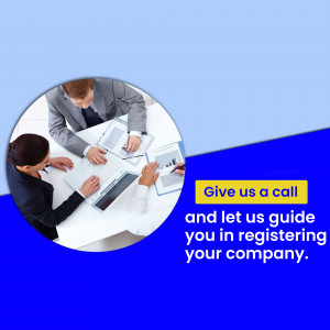 Business professionals discussing documents with a call to action for company registration.
